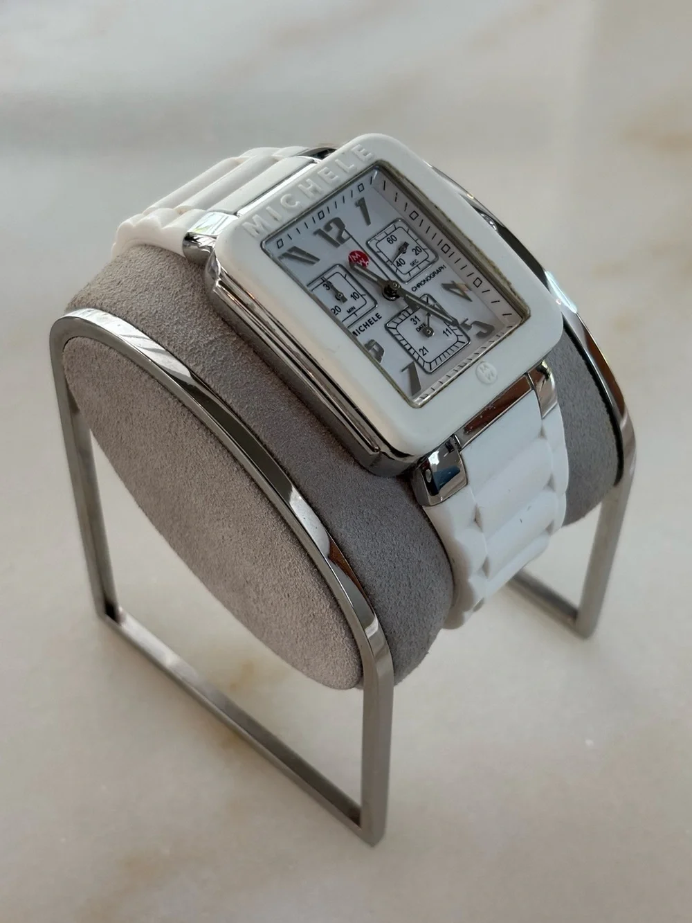 Michele White Ceramic Square Chronograph Watch with Silver Accents - Picture 3 of 6